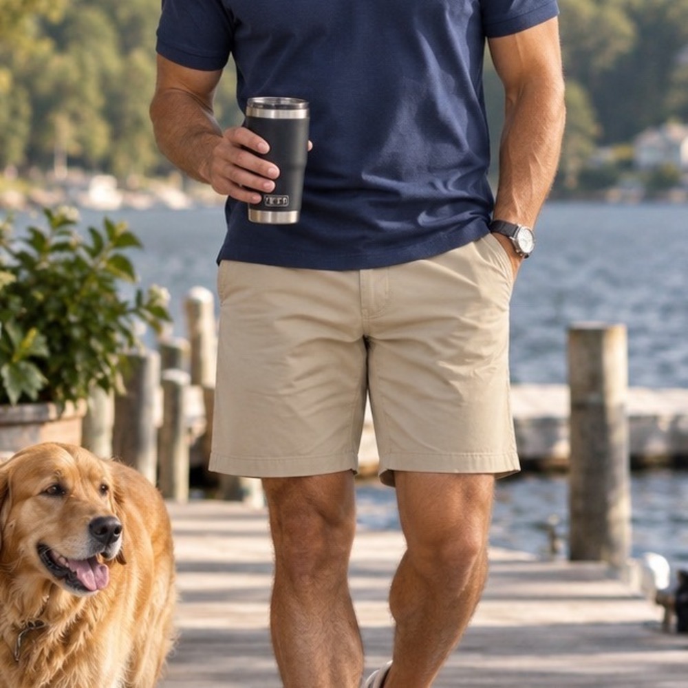 Distortion Mens Khaki Chino Shorts Tan Flat Front Twill Size 36 NWT
